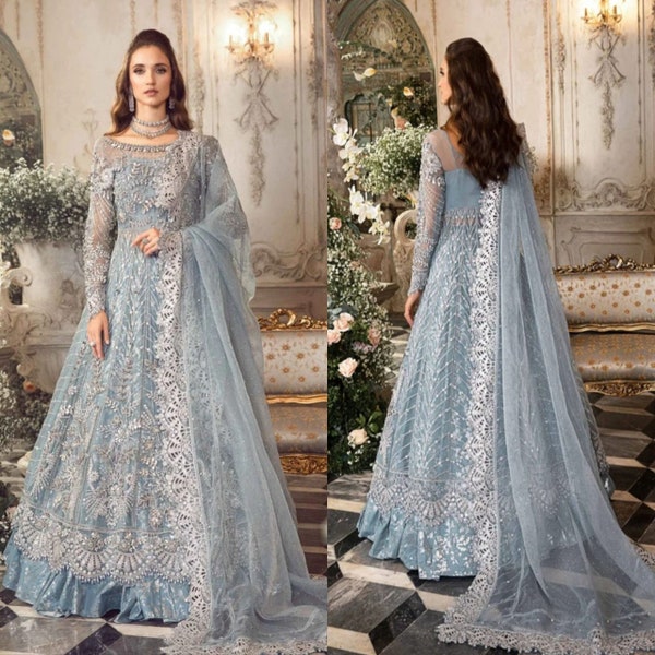 Ice Blue Maria B. Wedding Collection | Pakistani Designer Bridal Nikkah Reception Maxi | Walima Outfit | Guest Partywear Dress | Eid Gift