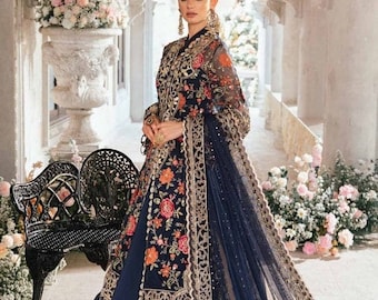 navy blue and gold pakistani dress NEW Blue Gold Indian Pakistani Salwar Kameez 3 Piece Dress Ready Made, Size XS