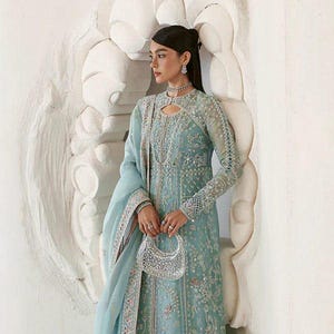 Ice Blue Pakistani Pishwas Suit: Embroidered Wedding Salwar Kameez