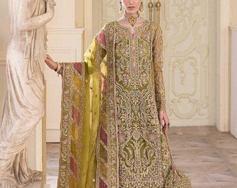 Terno Sharara de Organza Verde Oliva | Casamento Paquistanês, Vestido Mehndi