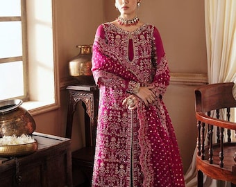 Fuchsia Pink Embroidered Gown with Sharara: Pakistani Engagement Dress