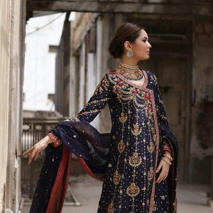 Blue silk dupatta long kameez with trousers, Formal Pakistani wedding salwar kameez, Indian Punjabi suit, guest partywear, Eid outfit gift