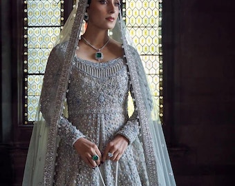 Custom made Pakistani Nikkah Mehndi Gown; Stitched Formal Outfit, Embroidered Indian Wedding Maxi