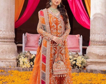 Oranje geborduurde organza Angrakha Kameez: Pakistaanse bruiloft, jurk Indiaas pak