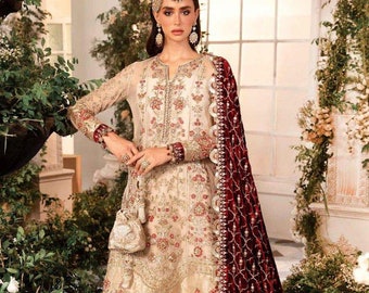 Ivory Gharara Dress: Embroidered Pakistani Velvet Shawl, Indian Wedding Suit