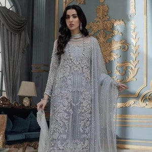 Grey Embroidered Pakistani Salwar Kameez: Organza Wedding Guest Outfit