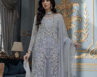 Grey Embroidered Pakistani Salwar Kameez: Organza Wedding Guest Outfit