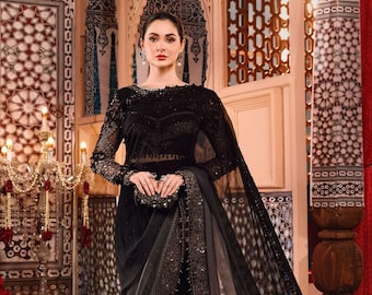 Latest Black and grey Saree | Pakistani Designer wedding Chiffon Saree| Formal Guest Dress | Indian Sari | gift for her