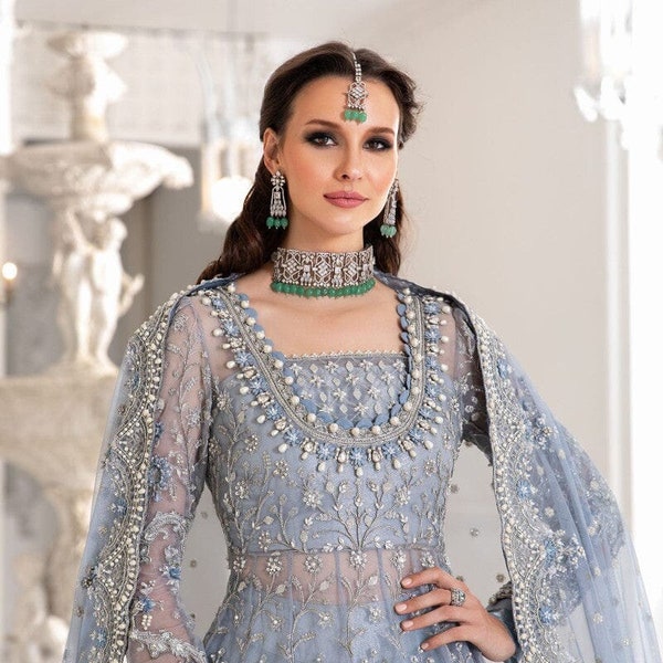 Ice Blue Designer Embroidered Net maxi | Pakistani Wedding Bridal dress | Party ware | Stitched Eid Outfit | Indian Lehenga Mothers day Gift