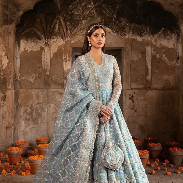 Robe de mariée bleu glacier pour mariage pakistanais, maxi filet brodé, créateur Dupatta Salwar Kameez, costumes indiens, couture sur mesure États-Unis d'Amérique