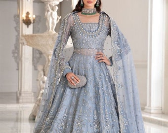 Ice Blue Maria B. Net maxi | Pakistani Wedding Bridal dress | Party ware | Eid Outfit | Indian Wedding Suits| Formal Guest | Gift for her