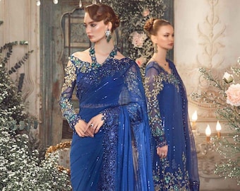 Maria B. Bamber Chiffon Saree | Pakistani Designer wedding collection | Formal Guest Partywear Dress | Indian Saree | Gift for her