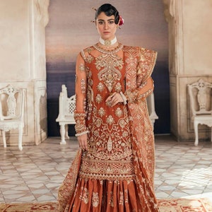 Orange Afrozah Bridal Barat Gharara | Pakistani Designer Wedding Reception/Engagement Dress | Guest Partywear | Indian Suits | Gift for her