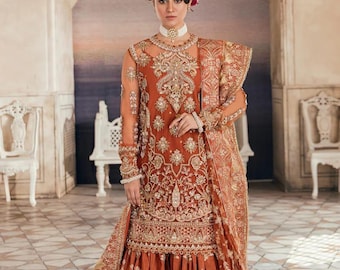 Orange broderad Gharara: Pakistansk brudklänning