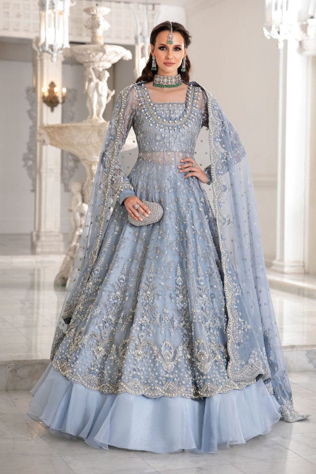 Blue Pakistani Wedding Dress Ice Blue Embroidered Net Maxi Dress