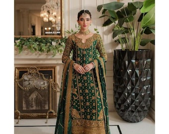 Groene zijden kameez: geborduurde Pakistaanse sharara-outfit voor bruiloft
