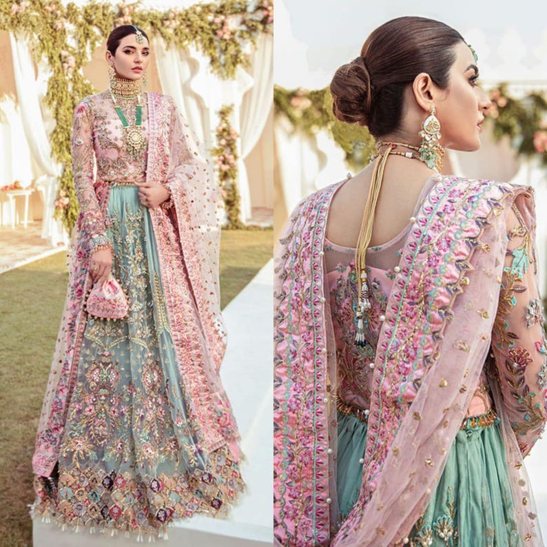 Rede bordada Lehnga Choli: vestido de noiva paquistanês imagem 9