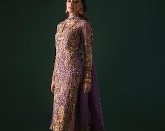 Salwar Kameez pakistaní de gasa bordada: atuendo de boda morado