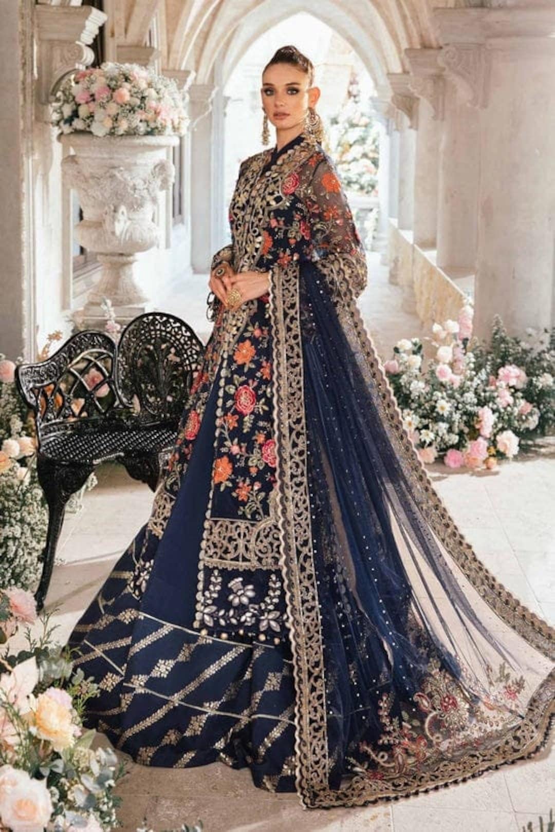 Navy Blue Embroidered Organza Sharara: Pakistani Wedding Outfit Navy Blue Embroidered Organza Sharara: Pakistani Wedding Outfit