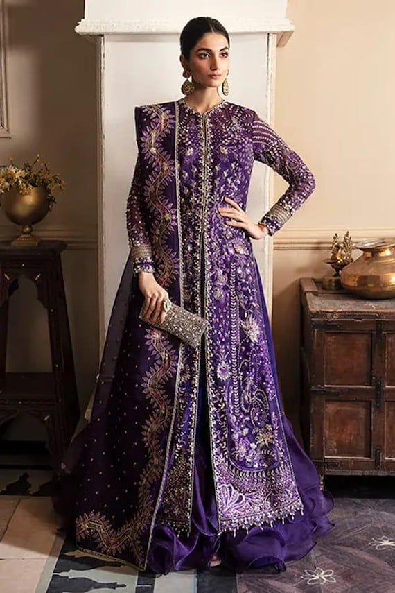 Amethyst Purple Sharara: Embroidered Pakistani Wedding Dress