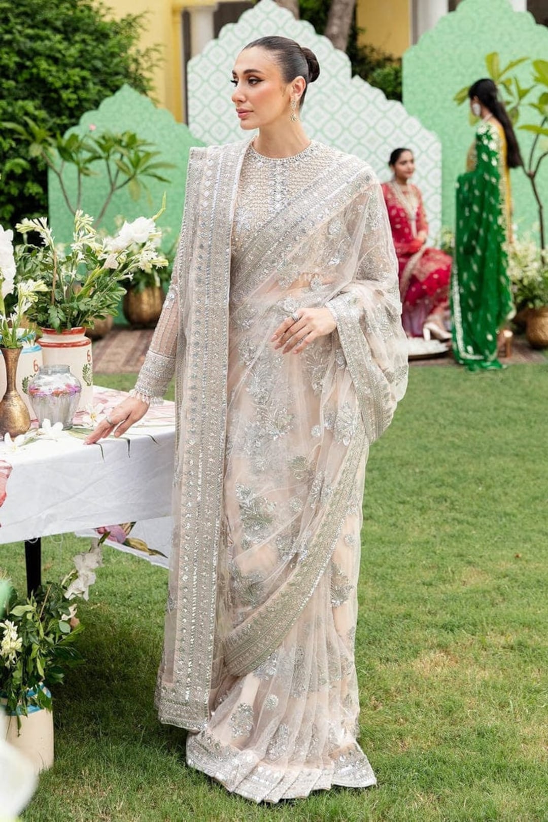 Pakistani & Indian Style Mustard Gold Embroidered Net Bridal Ensemble with Mauve Dupatta for Women
