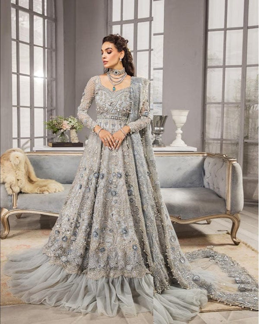 Buy Silver Grey Bridal Maxi Gown: Pakistani Wedding Reception Dress Online  in India