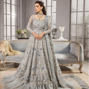 Silver Grey Bridal Maxi Gown: Pakistani Wedding Reception Dress - Etsy