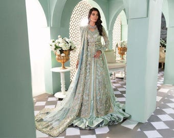 Pakistani Bridal Gown: Embroidered Net Maxi Dress, Indian Wedding Guest Outfit