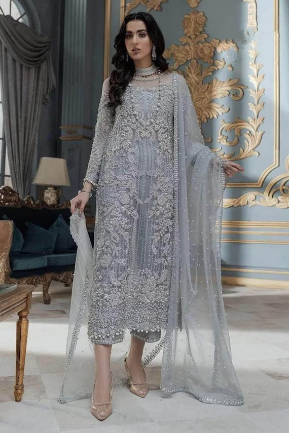 Grey Embroidered Pakistani Salwar Kameez: Organza Wedding Guest Outfit -  Etsy Australia