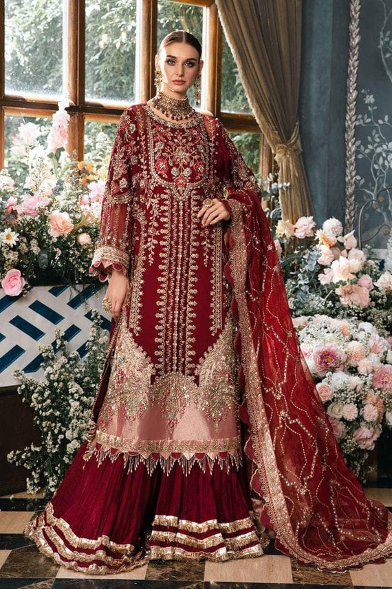 open lace back dress Blue Sharara Kameez Dupatta Pakistani Wedding Dress – Nameera by Farooq main image 1