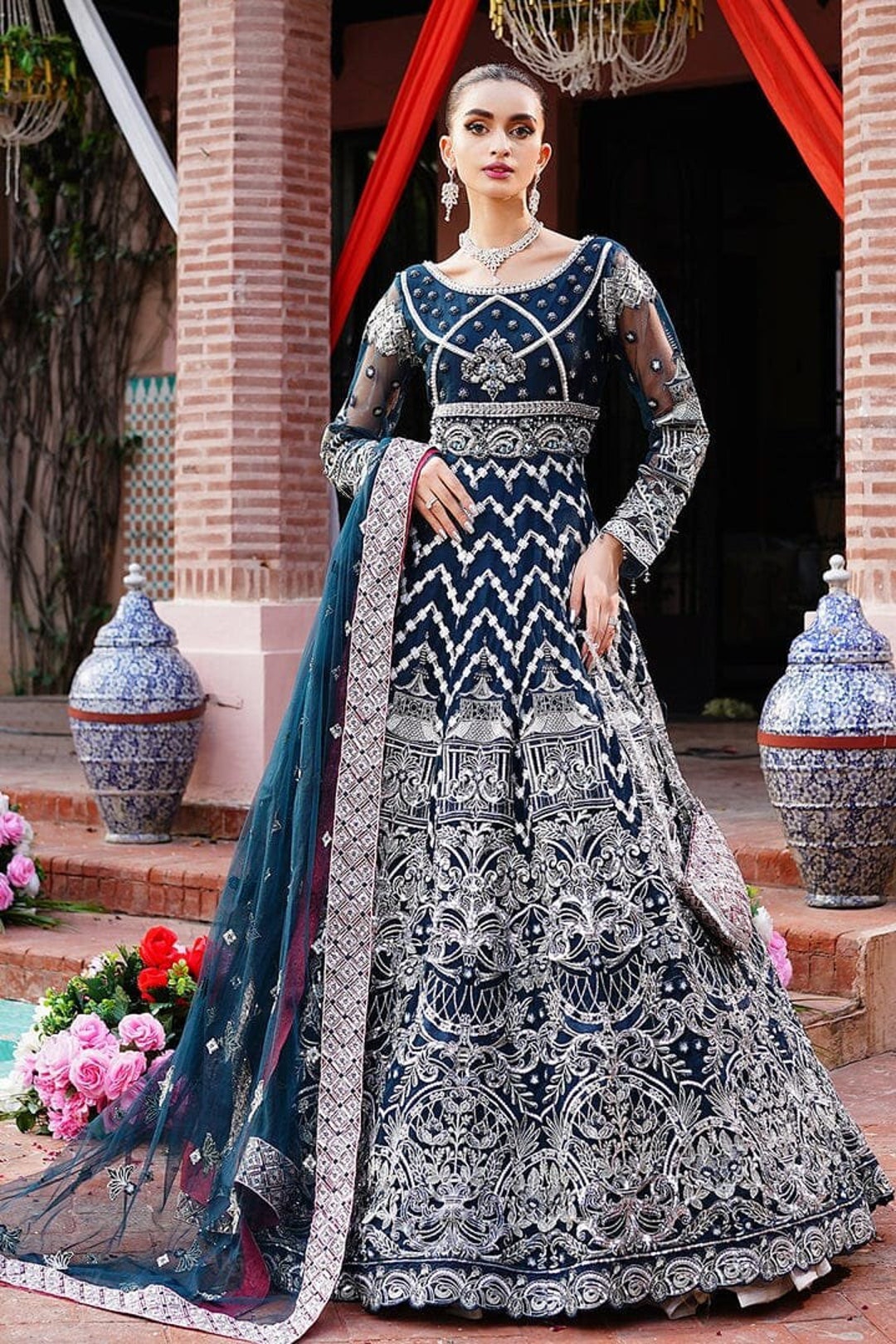 Zinc Blue Pakistani Indian Wedding Dresses Embroidery Organza Etsy