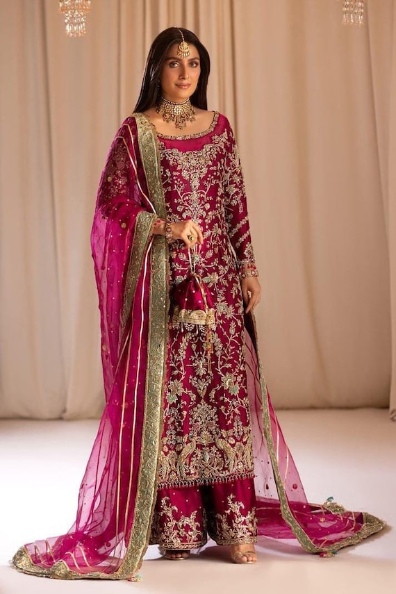 Silk Kameez Trouser Suit: Pakistani Mehndi Wedding Party Wear dupatta kameez with trousers