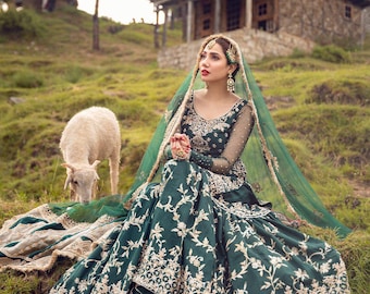 Green Nikkah Sharara Kurti: Embroidered Pakistani Wedding Dress