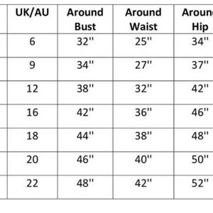 May include: Size chart for clothing with measurements in inches for bust, waist, hip, and shoulders. The chart includes US, UK/AU, and our size conversions.