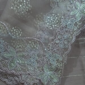 May include: A sheer white dupatta with a silver glitter border and floral embroidery. The dupatta has a delicate, feminine look.