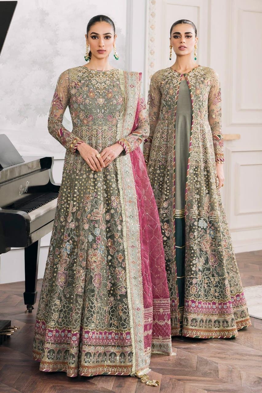 Green Embroidered Net Bridal Maxi Gown: Pakistani Wedding