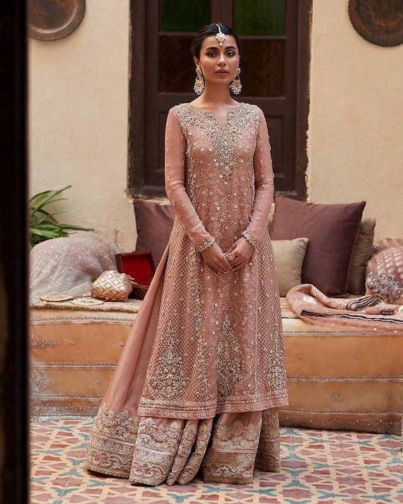 Powder Pink Embroidered Sharara Kameez: Pakistani Wedding Outfit - Etsy New  Zealand