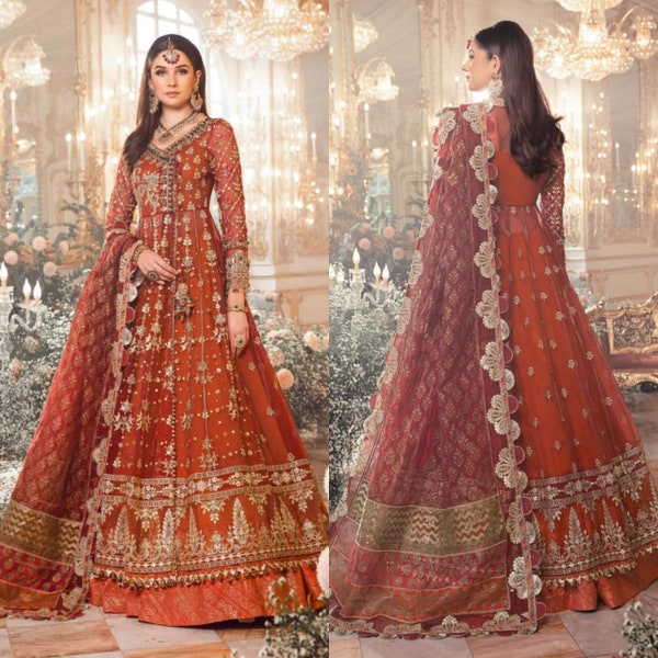 Orange Maria B Bridal Maxi | Pakistani Designer Reception Nikkah Walima Mehndi dress | Guest Partywear | Indian Wedding Dress | Eid Gift