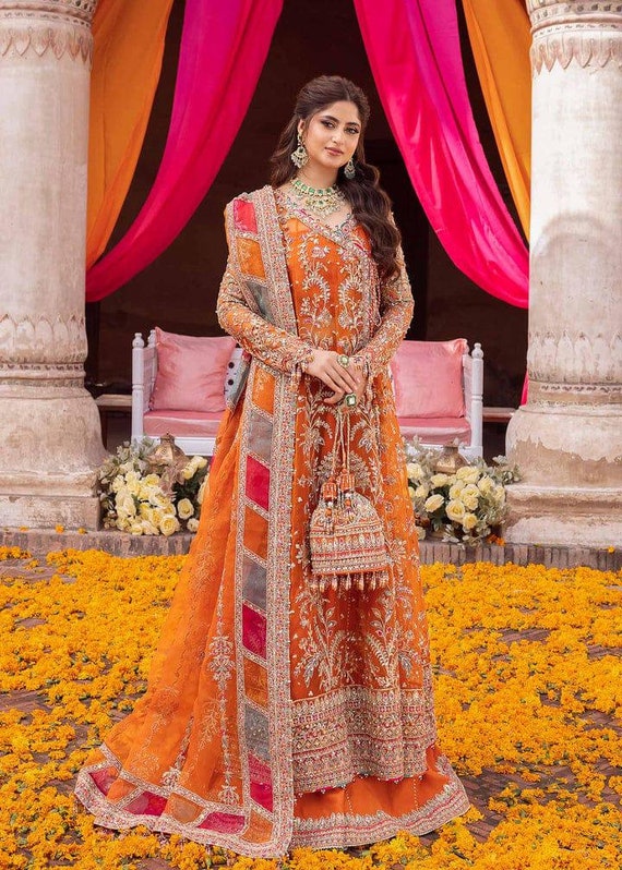 open lace back dress Orange Lehenga Designs Dress for Pakistani Bridal Wear – Nameera by Farooq main image 1