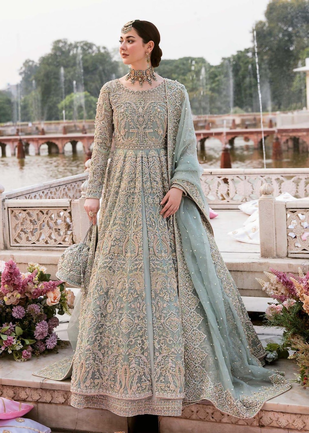 ice blue dress pakistani Embroidered Net Maxi Dress: Bridal Gown Floral designs and shimmering boldmetrics:womens_dresses_reg_num midi dresses to wear Size:IO 1 | UK 8 | EU 36 | US 4