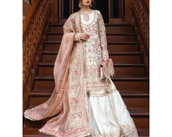 Nikkah Bridal Embroidered Gharara: Pakistani Mehndi Designer Dress, Partywear outfit
