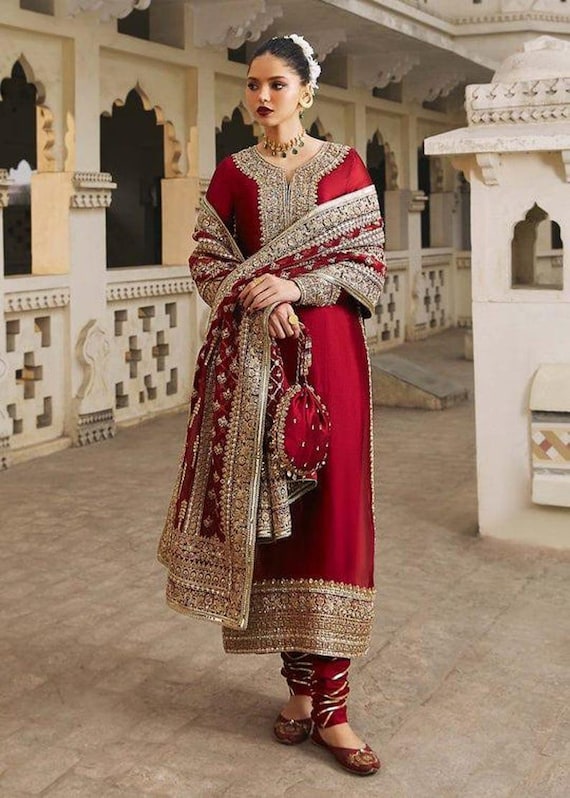 Red Katan Silk Kameez Churidar: Pakistani Wedding Salwar Suit Red Katan Silk Kameez Churidar: Pakistani Wedding Salwar Suit
