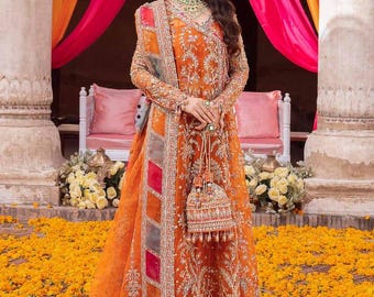 orange color combination dress pakistani Elegant Maxi Dress Pakistani in Orange Shade Online 2022 LARGE
