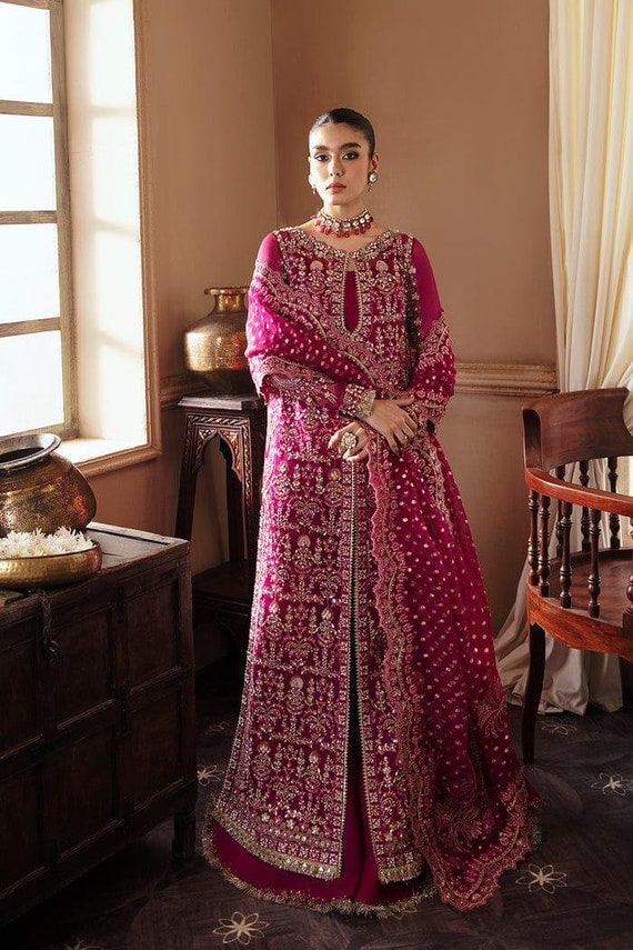 Fuchsia Pink Embroidered Gown with Sharara: Pakistani Engagement Dress Fuchsia Pink Embroidered Gown with Sharara: Pakistani Engagement Dress
