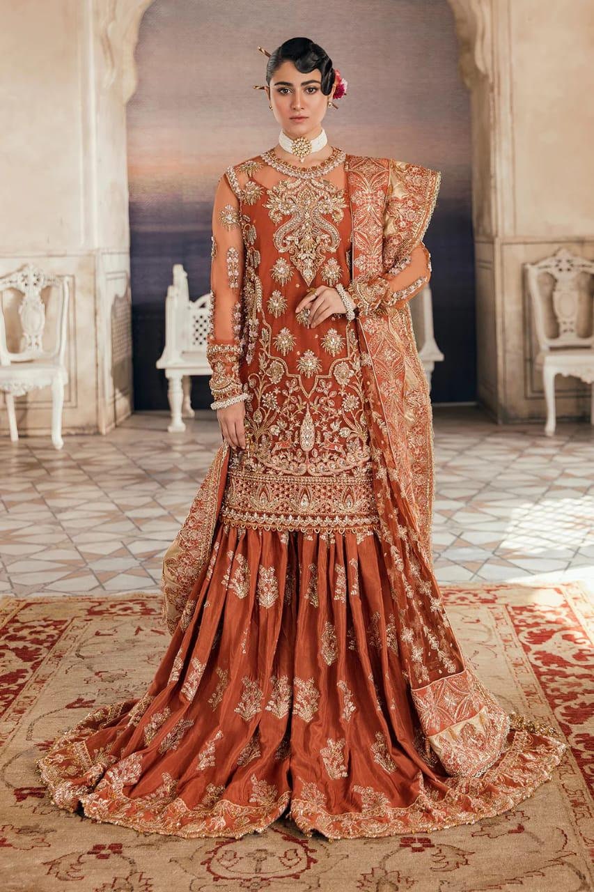 open lace back dress Traditional Pishwas Lehenga Orange Bridal Dress Online 2021 – Nameera by  Farooq main image 1