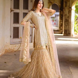 Embroidered Chiffon Nikah Gharara Suit: Pakistani Wedding Outfit