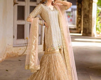 Embroidered Chiffon Nikah Gharara Suit: Pakistani Wedding Outfit