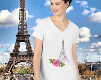 Koszulka z dekoltem w serek z Wieżą Eiffla w Paryżu: grafika z różową różą, francuski szyk