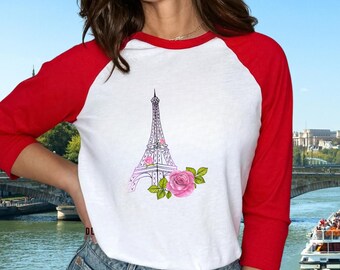 Paris 34 Sleeve Baseball Tee Women, Lightweight Travel Shirt, French Style Top, Paris Trip Outfit, Europe Vacation fit, Gift for Her
