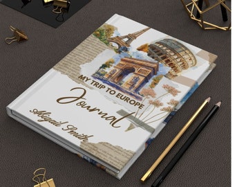 Gepersonaliseerde hardcover dagboek Reis Europa, logboek vakantie Europa, aangepast notitieboek voor vakantie, familievakantieherinneringen, reiscadeau